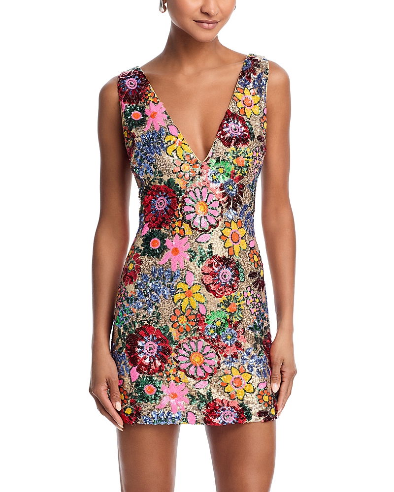 Ramy Brook Aera Floral Sequin Mini Dress In Flame Combo