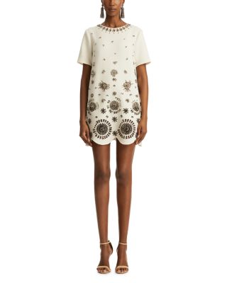 Oscar de la Renta - Short Sleeve Embroidered Stretch Wool Cocktail Dress