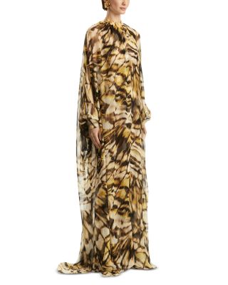 Long Sleeve Abstract Butterfly Silk Chiffon Caftan