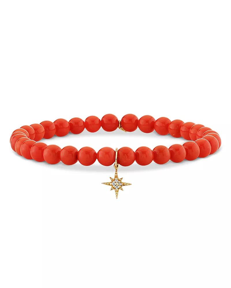 Sydney Evan 14K Yellow Gold Diamond Accent Starburst Charm Peach Coral Bead Stretch Bracelet