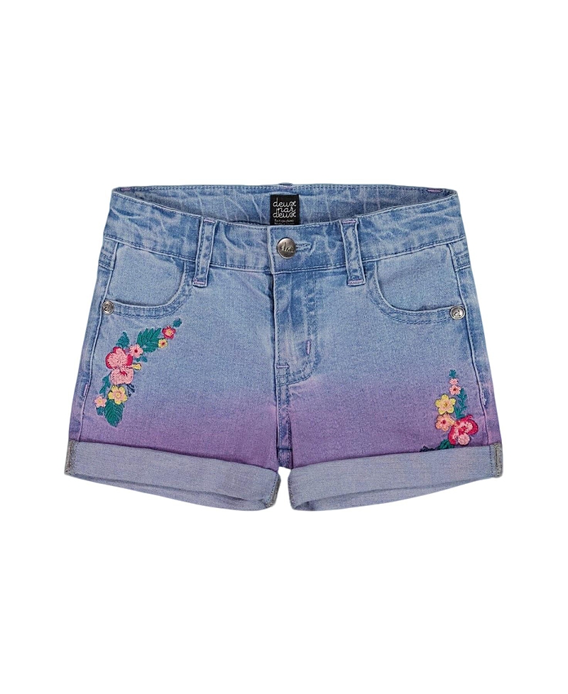Deux Par Deux Girl's Cuffed Denim Shorts With Embroidery Floral Jeans Blue