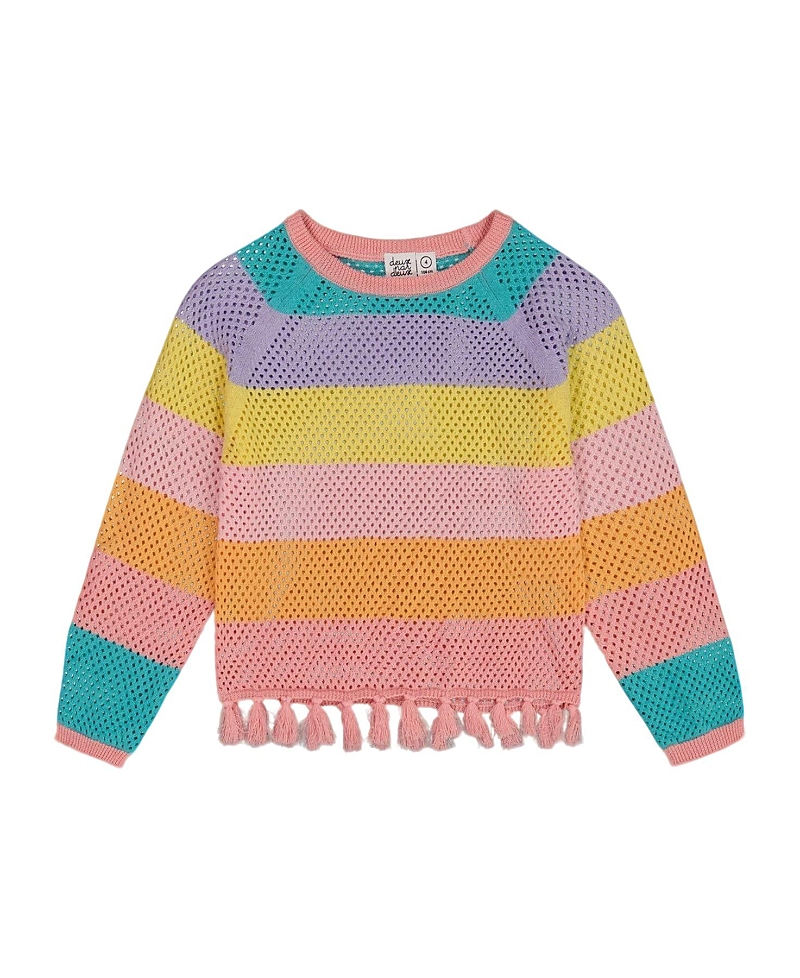 Deux Par Deux Girl's Cotton Sweater With Fringe Multicolor Stripes