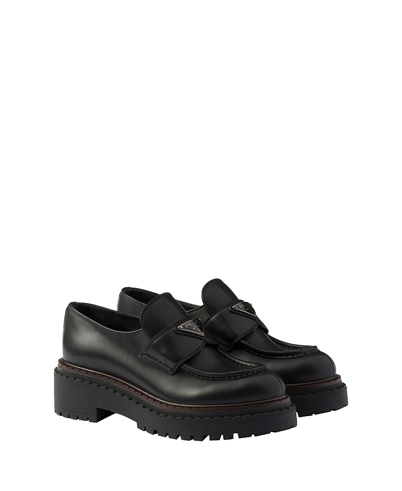 Prada Chocolate Black Brushed Leather Moccasin Women In Black