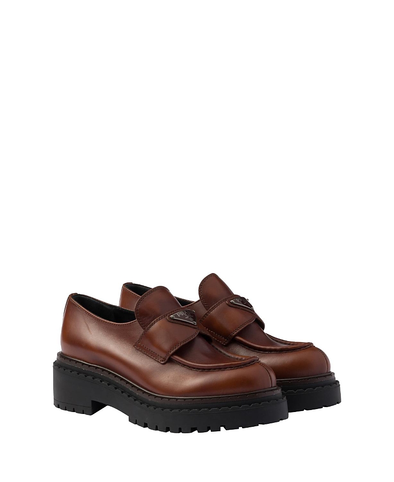 Prada Chocolate Cognac Brushed Leather Moccasin Women In Cognac