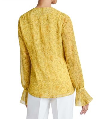 RUE Long Sleeve Blouse with Ruffled Cuffs in Paisley Printed Crinkle Georgette