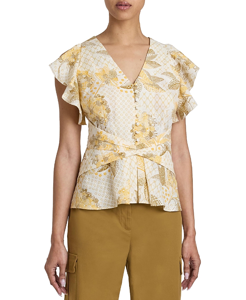 Santorelli Ella Flutter Sleeve Buttoned Blouse With Waist Panel In Floral Printed Cotton Cloque In Chamomile
