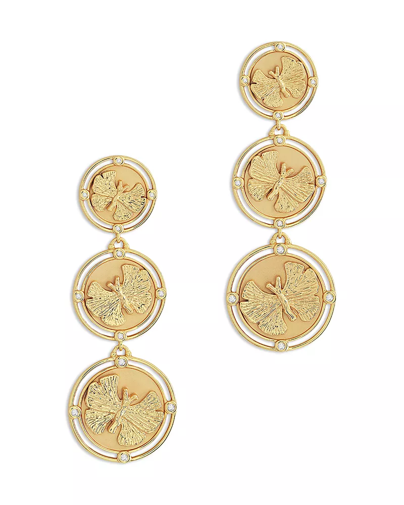 Anabel Aram Pave Butterfly Coin Triple Drop Earrings in 18K Gold Plated