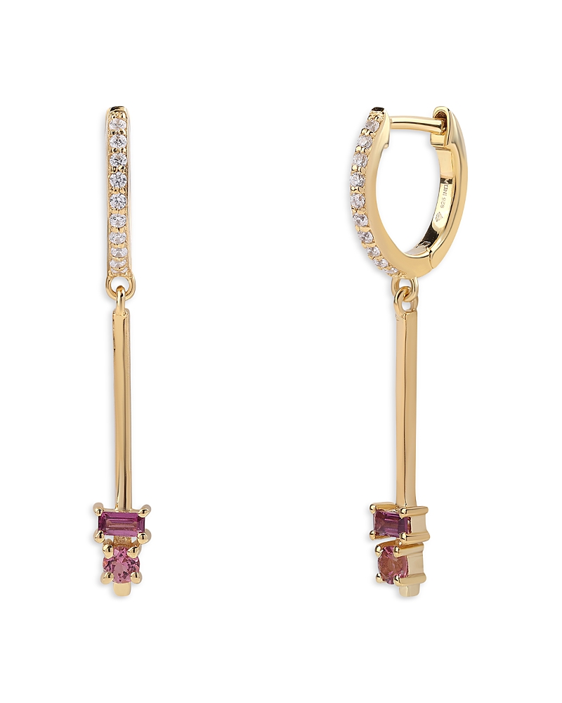 Moon & Meadow 14k Yellow Gold Rhodolite, Pink Tourmaline & Diamond Dangle Hoop Earrings