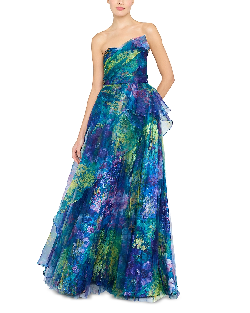 Theia Taya Strapless Organza Gown In Blue