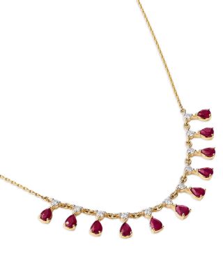 Ruby & Diamond Droplet Station Necklace in 14K Yellow Gold, 18"