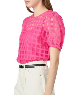 Women's Plaid Sheer Puff Sleeve Top