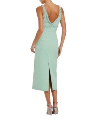 Crepe Fitted Midi Dress with Bow And Beaded Trim