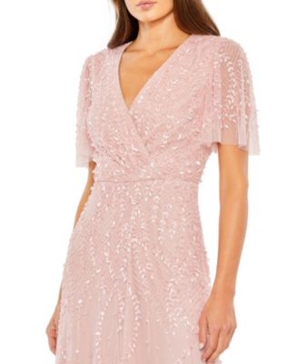 Beaded Wrap Over Butterfly Sleeve Column Dress