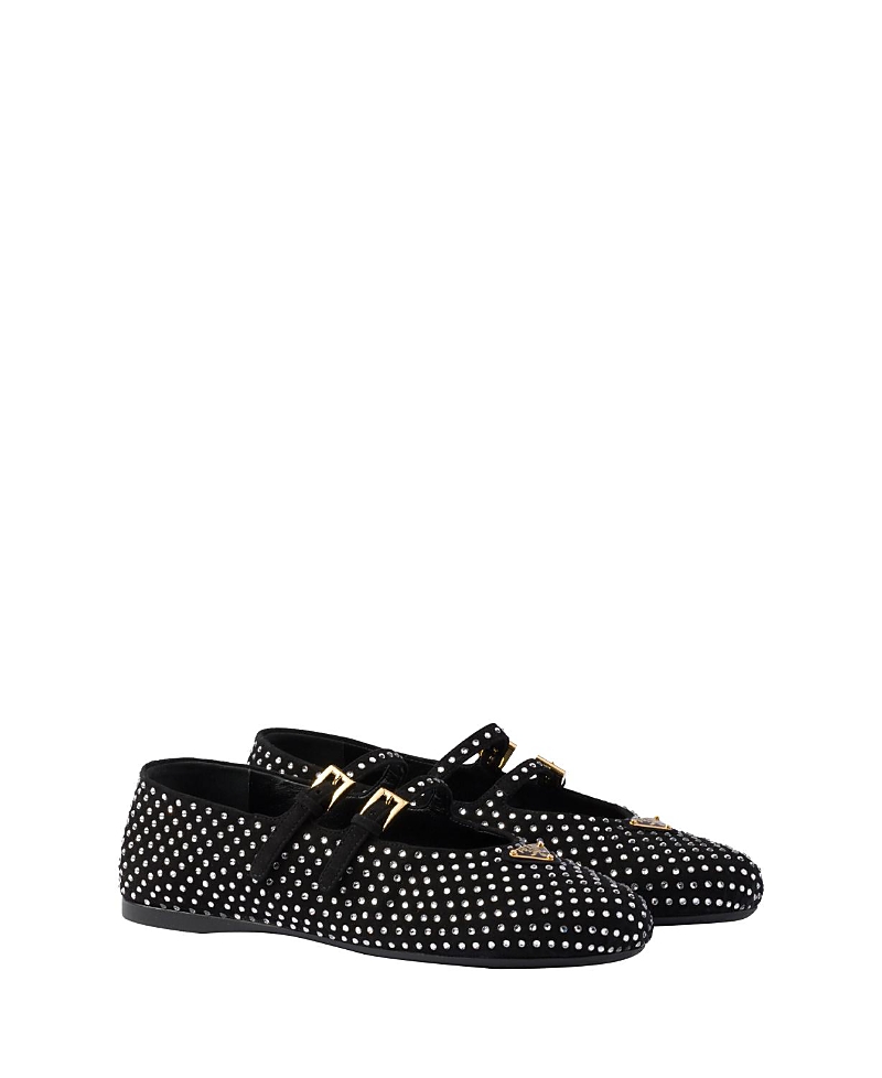 Prada Crystal Saffiano Dual Mary Jane Ballerina Flats In Gold/silver