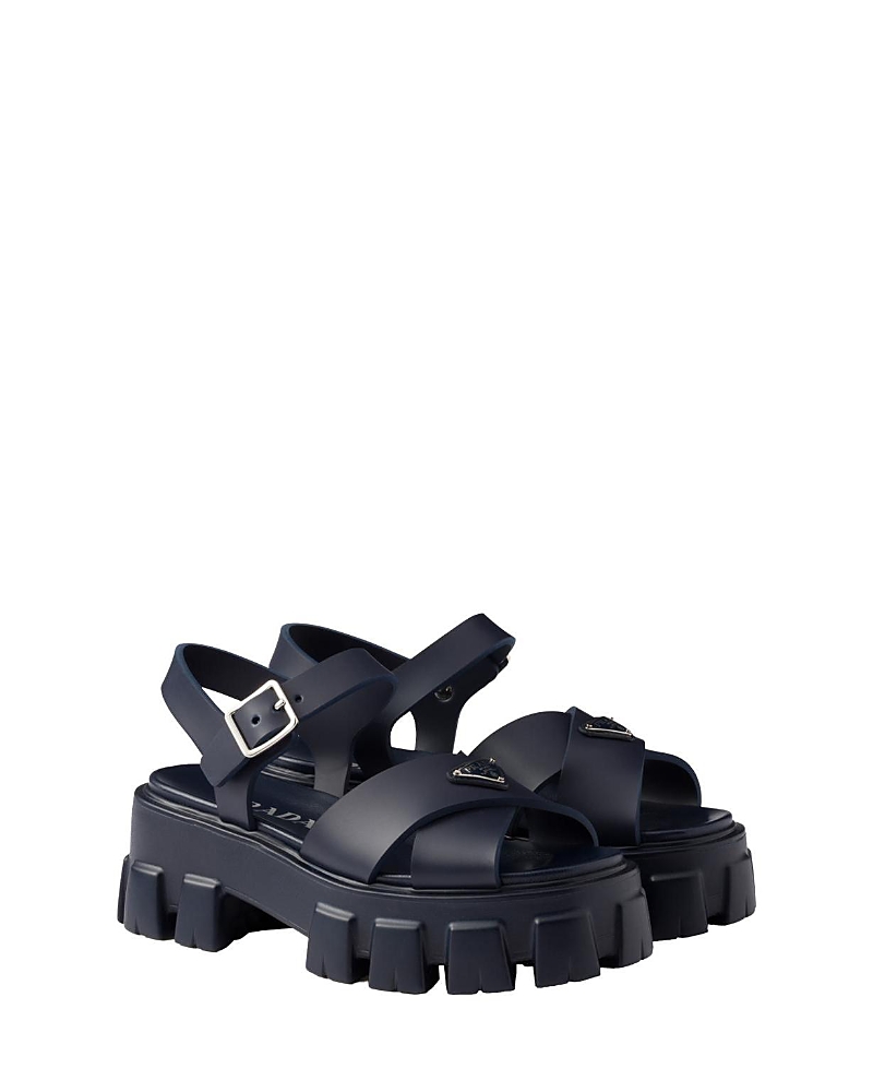 Prada Monolith Crisscross Ankle-strap Chunky Sandals In Blue