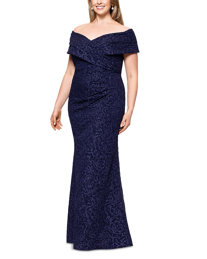 BETSY & ADAM PLUS STRETCH JACQUARD OFF THE SHOULDER GOWN
