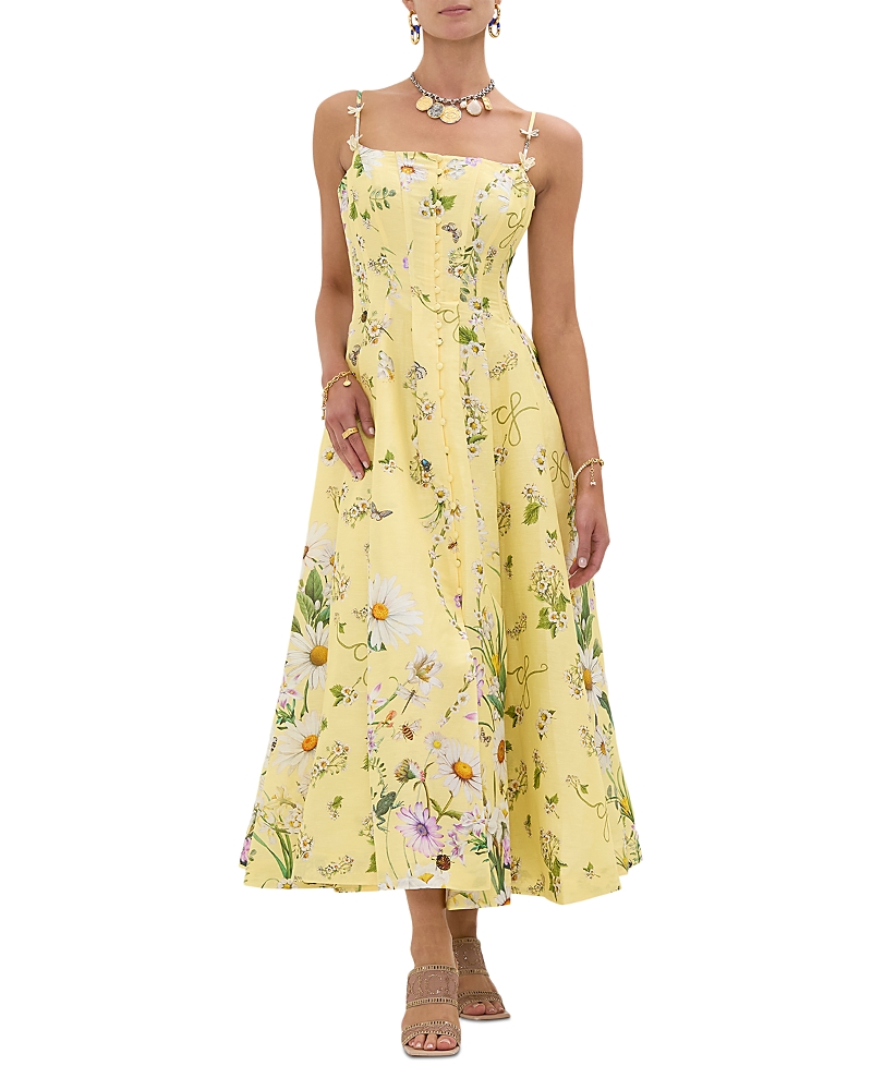 Camilla Crystal-embellished Floral-print Linen And Silk-blend Midi Dress In Yellow