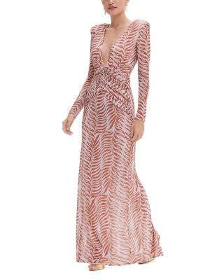 Printed Long Sleeve Deep V Maxi Dress