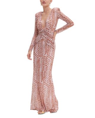 Printed Long Sleeve Deep V Maxi Dress