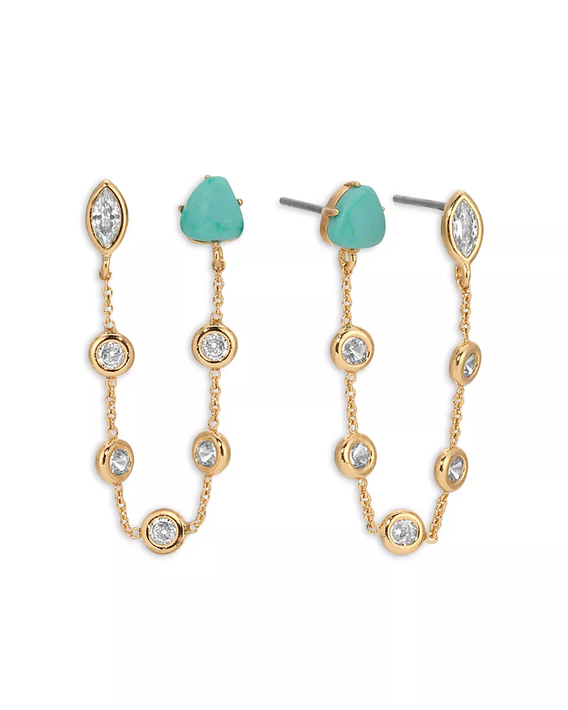 Ettika Turquoise & Cubic Zirconia Chain Connected Double Stud Earrings
