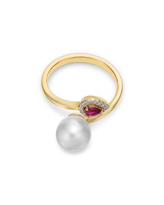 Fine Collection Freshwater Pearl, Ruby, & Diamond Bypass Ring in 14K Yellow Gold
