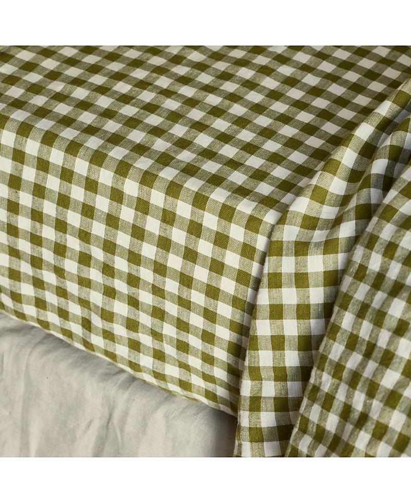 Piglet In Bed Gingham Linen Fitted Sheet, Queen In Green