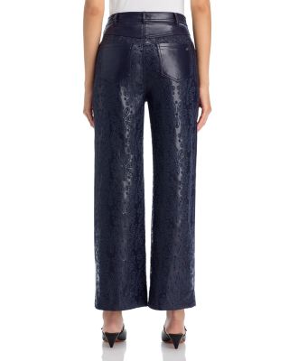 Embroidered Faux Leather High Rise Jeans in Navy