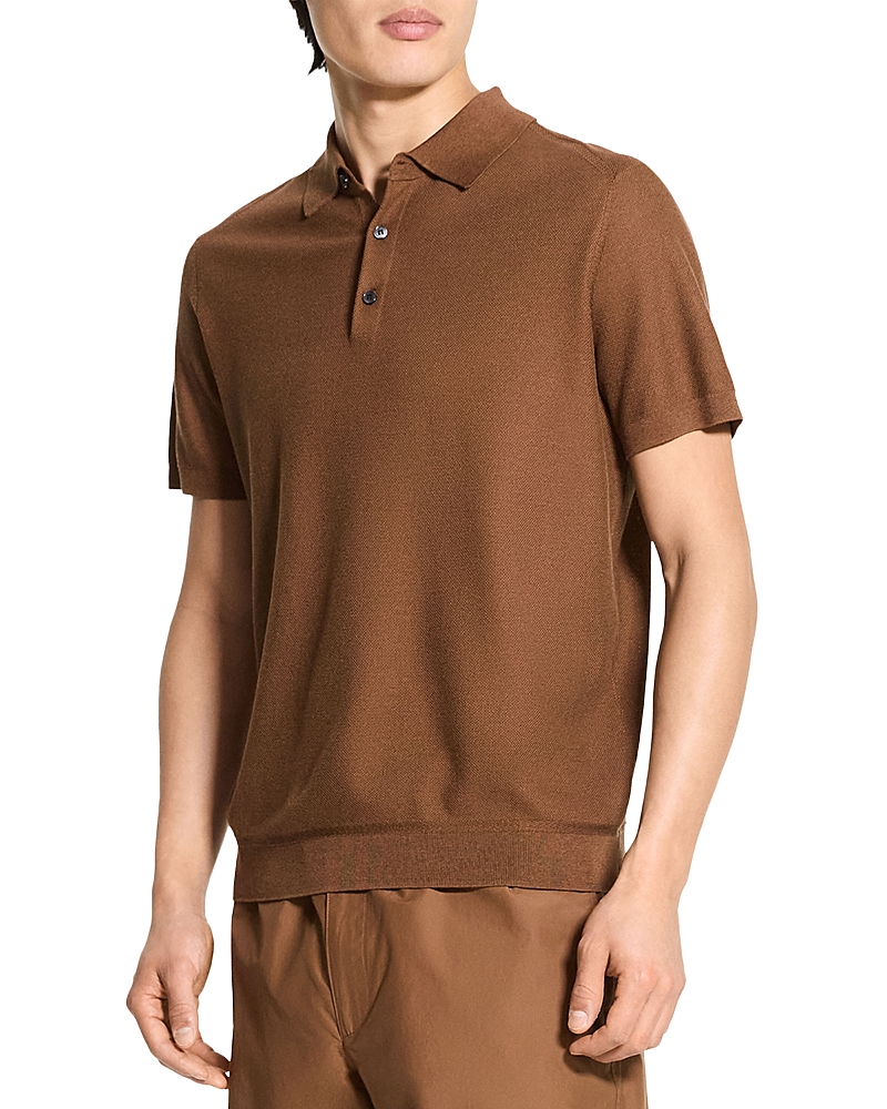 Theory Cable Short Sleeve Cotton Blend Polo Sweater In Brown