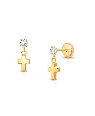  Children's 14K Gold Dangling Simple Cross Drop Girls' Screw Back Earrings