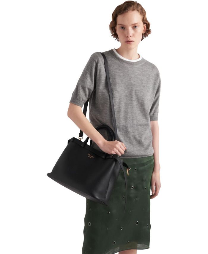 Buckle Medium Leather Handbag with Double Belt