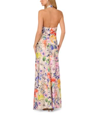 Printed Satin Halter Neck Gown
