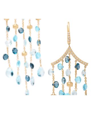 18K Yellow Gold Paradise Multi Blue Topaz & Diamond Five Strand Chandelier Drop Earrings