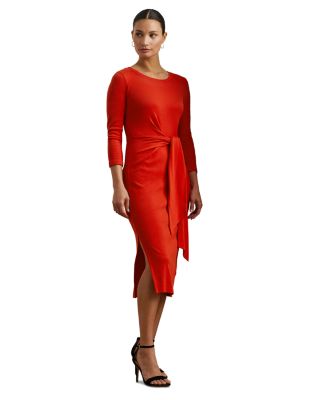 Tie Front Cotton Blend Crewneck Dress