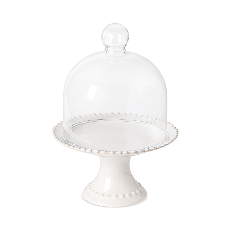 Costa Nova Pearl Footed Cake Plate With Glass Dome, Small In White