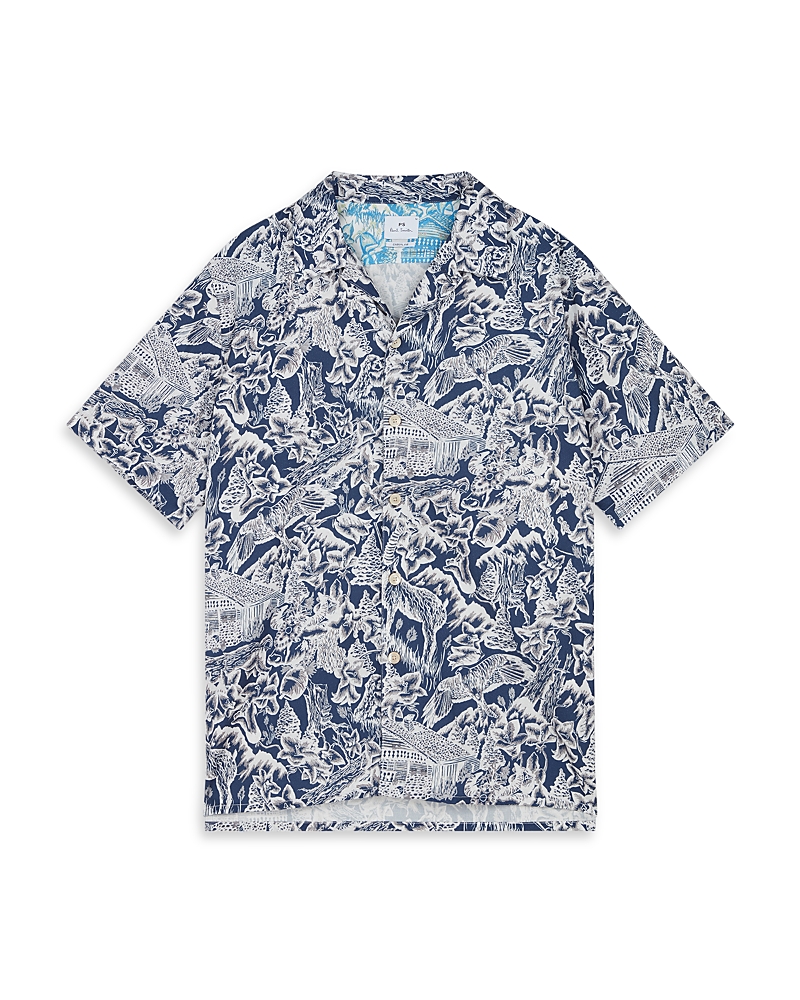 Ps By Paul Smith Printed Short Sleeve Camp Shirt In Blue