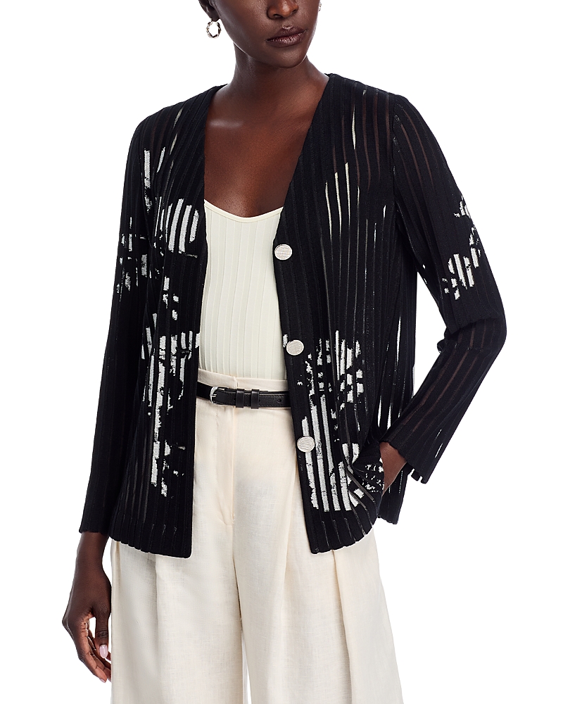Misook Relaxed Sheer Striped Soft Knit Jacket In Black