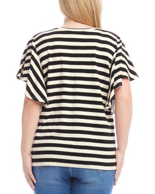 Plus Size Striped Flutter Sleeve V Neck Top