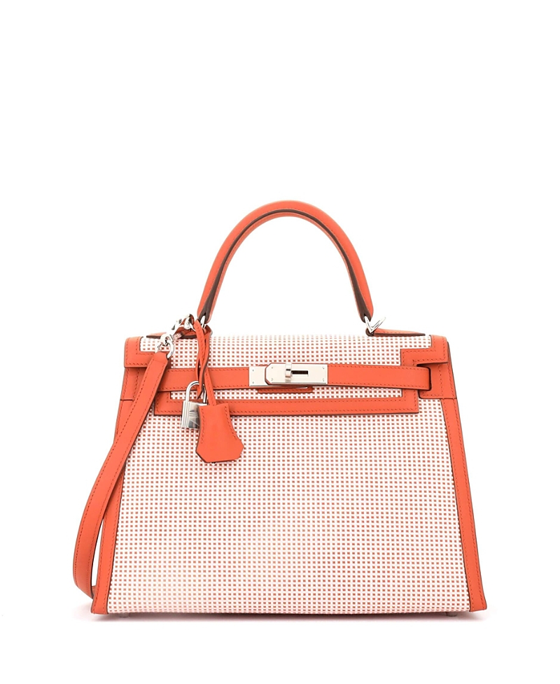 Pre-owned Pre-owned Hermes Hermes Kelly 28 Handbag Quadrille Canvas And Orange Swift With Palladium Hardware In Brown
