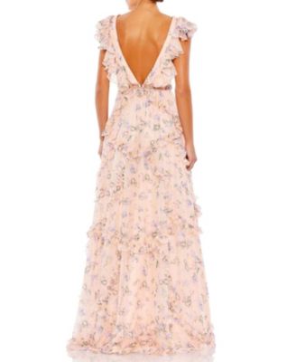 Ruffled Floral Print Cap Sleeve Gown