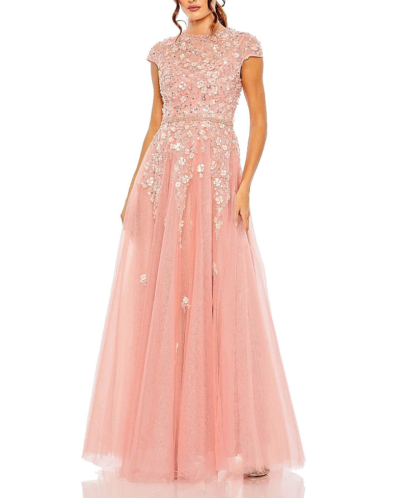 Mac Duggal High Neck Cap Sleeve Embellished A-Line Gown