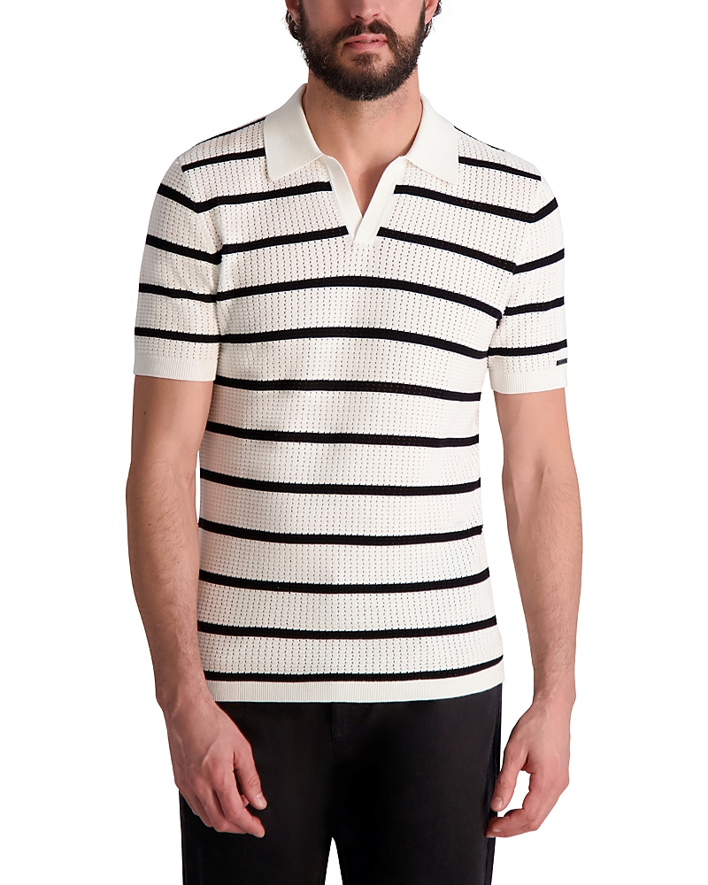 Karl Lagerfeld Striped Open Collar Polo Shirt In Neutral