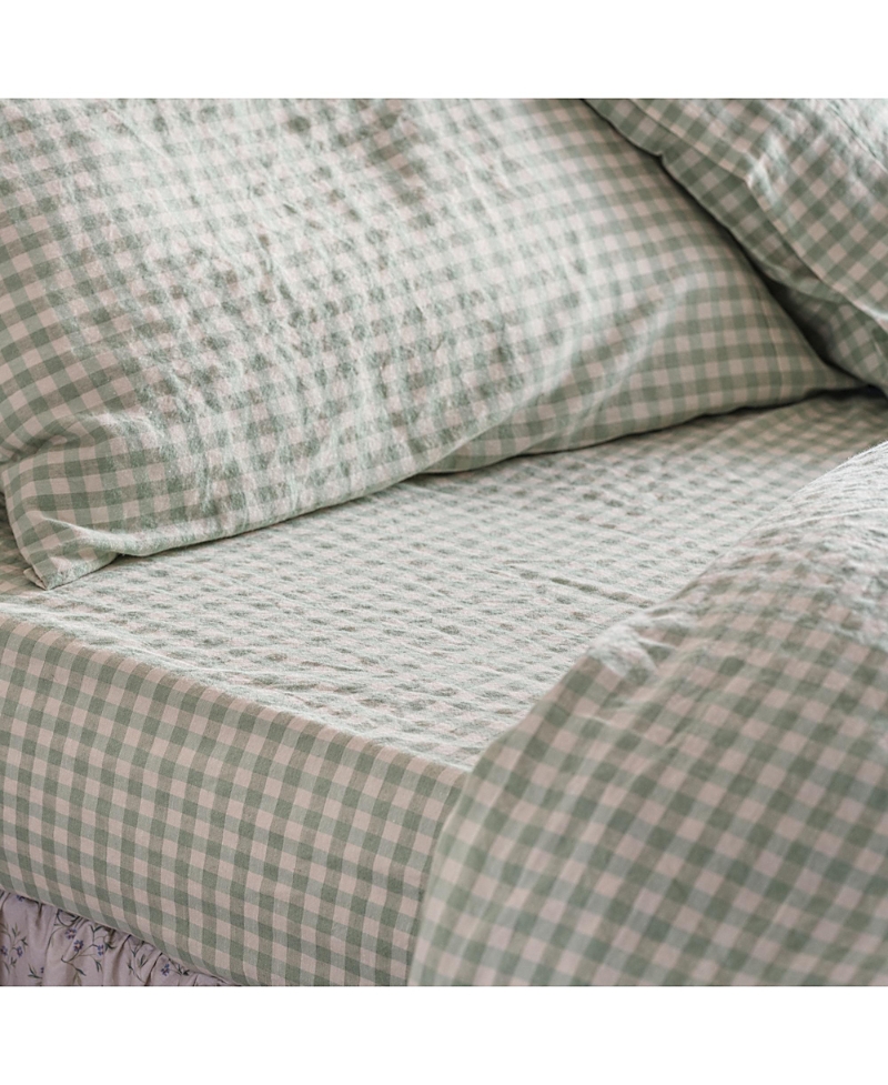 Piglet In Bed Gingham Linen Blend Fitted Sheet In Green