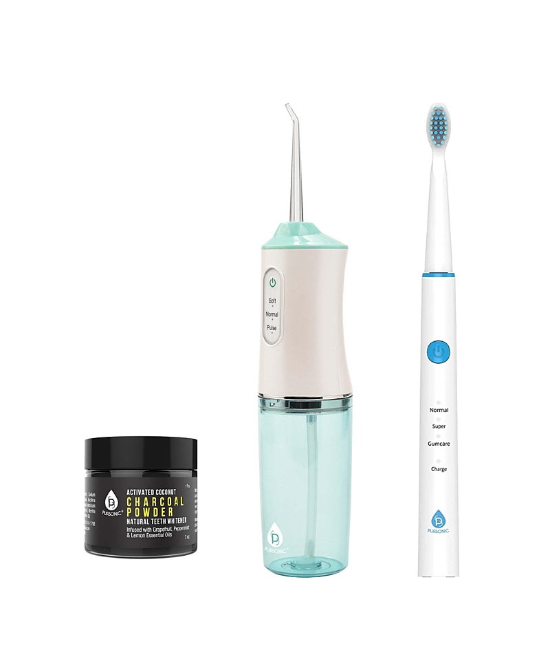 Pursonic Oral Care Power Bundle: Usb Rechargeable Water Flosser, Electric Toothbrush, And Charcoal Teeth Whit