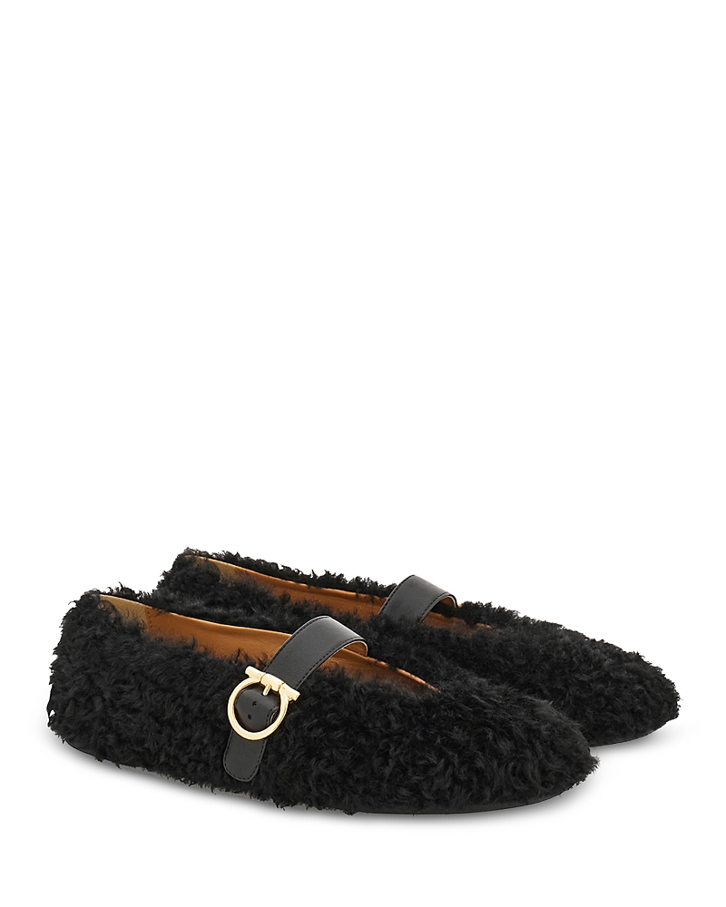 Ferragamo Black Ballerinas With Shearling Design And Buckle In Leather Woman In Black