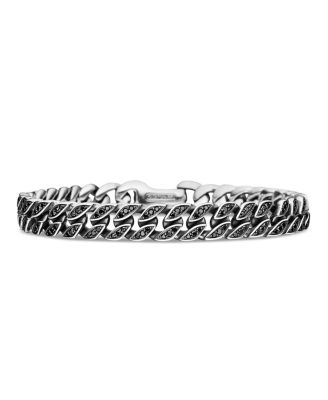 Men's Curb Chain Bracelet in Sterling Silver with Black Diamonds, 8mm