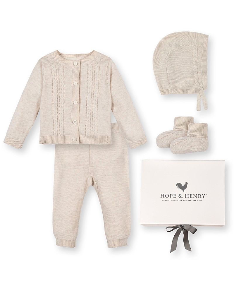 Hope & Henry Unisex 5 Piece Organic Sweater Cable Cardigan, Legging, Hat, & Bootie Boxed Gift Set - Baby