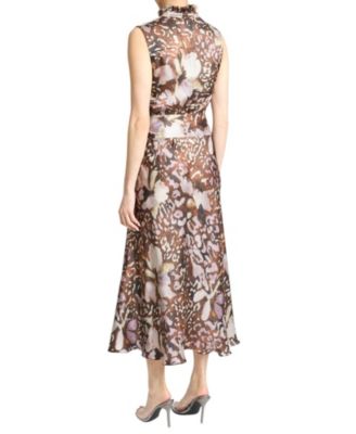 NIRVA Sleeveless Ruffle-Neck Midi Dress in Abstract Floral Silk
