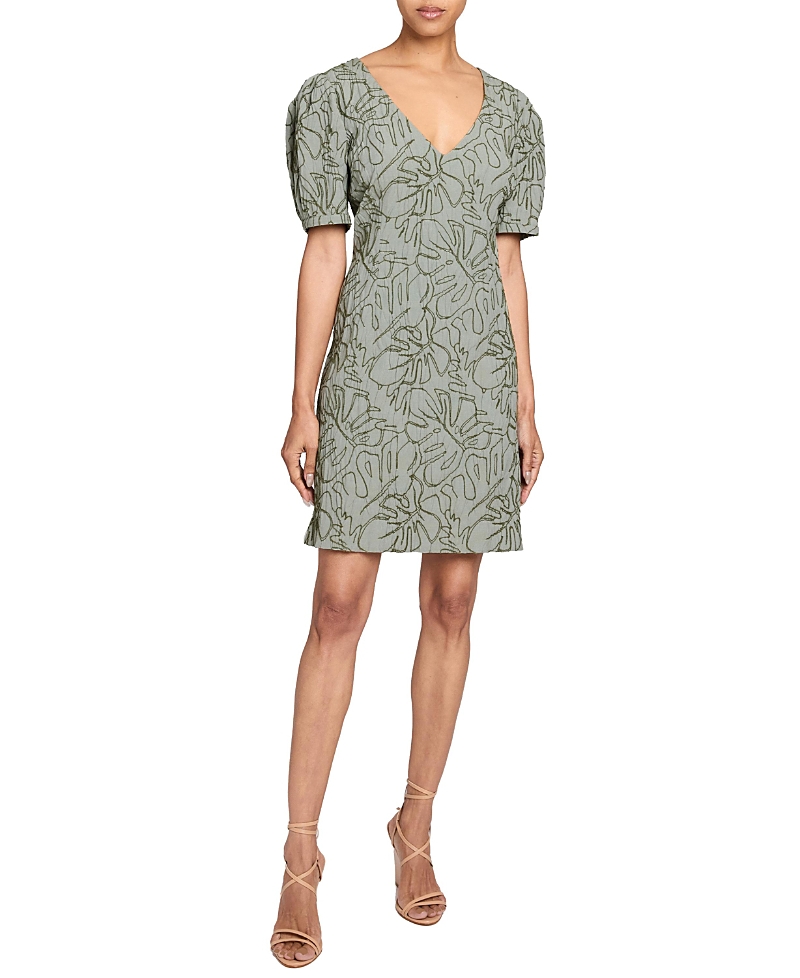 Santorelli Bianca A-Line Shift Dress with Puff Sleeves in Abstract Stretch Cotton Cloque