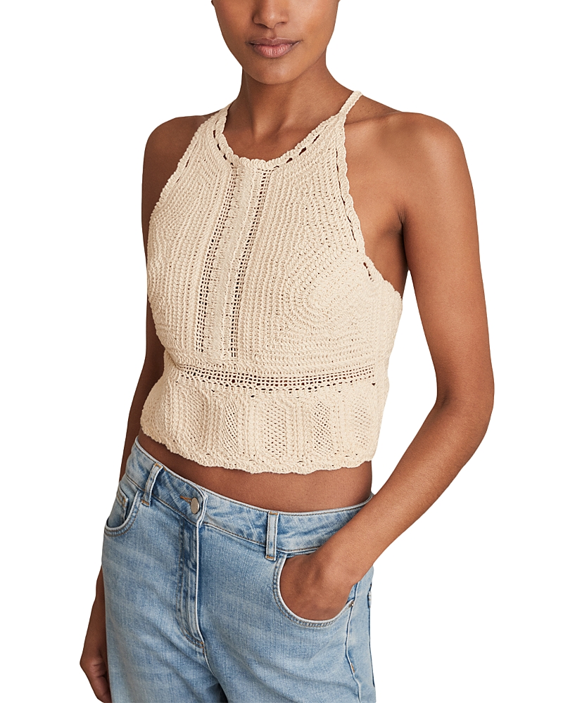 Reiss Womens Cream May Halterneck Crochet Cotton Top