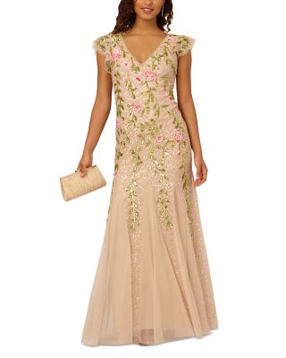 Beaded Mesh Flutter Sleeve Dress